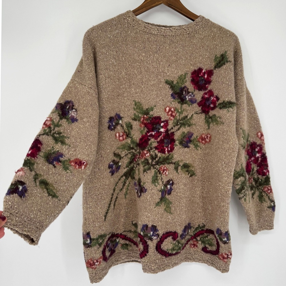 Vintage 90s Laura Ashley Sweater L Wool Silk Floral Cottagecore Brown Grannycore